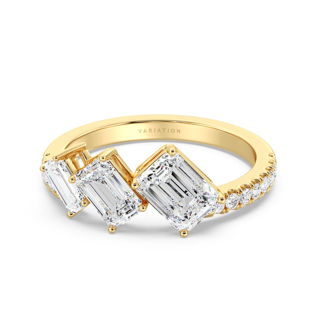 Triple Emerald-Cut Lab-Grown Diamond Wedding Band in 18K Yellow Gold, showcasing three emerald-cut diamonds and pavé-set round-cut side stones, totaling 1.94 carats