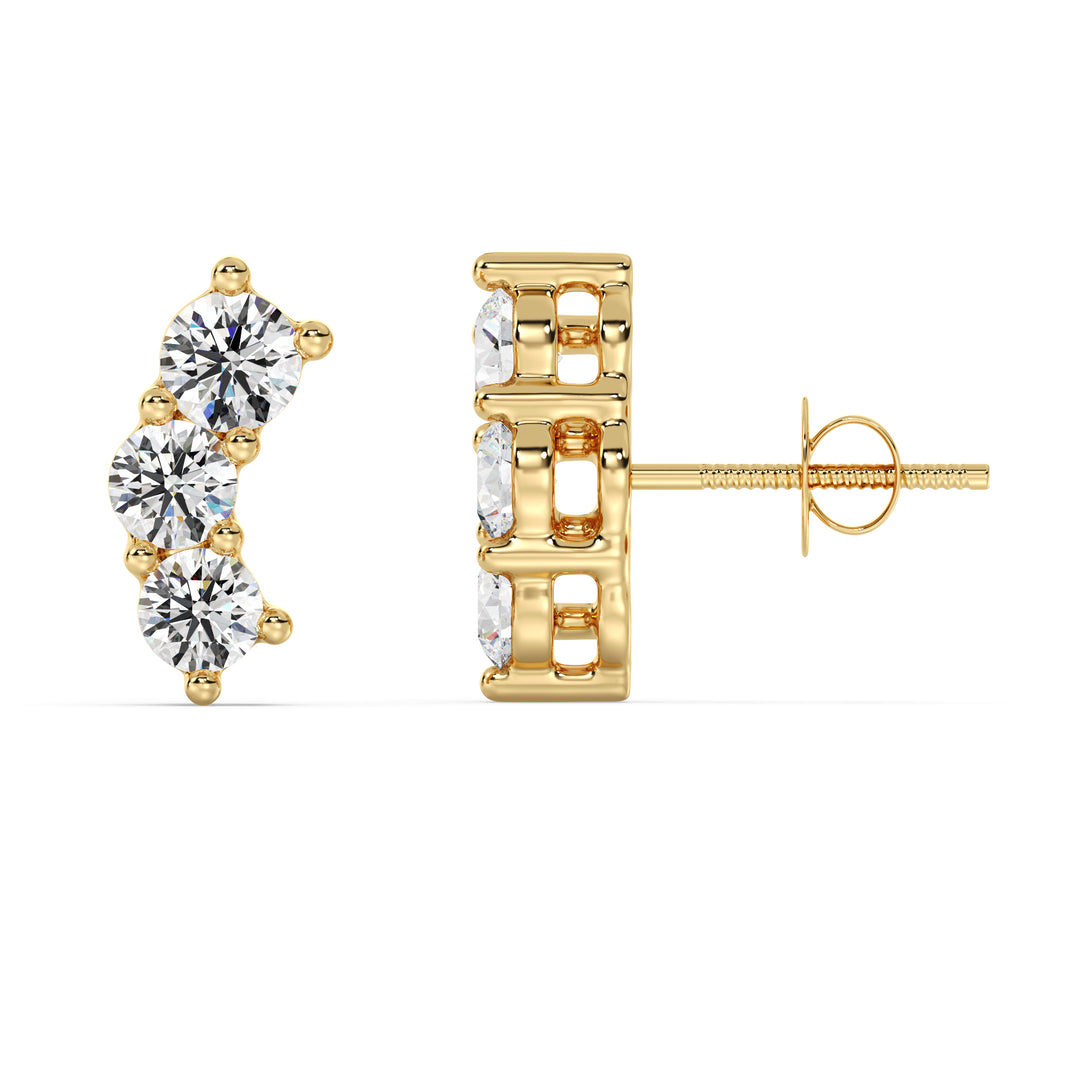 18K Solid Gold Curved Three-Stone Earrings with Round Lab Grown Diamonds, featuring 6 EF/VS diamonds totaling 0.76 carats, in Yellow, White, or Rose gold tones