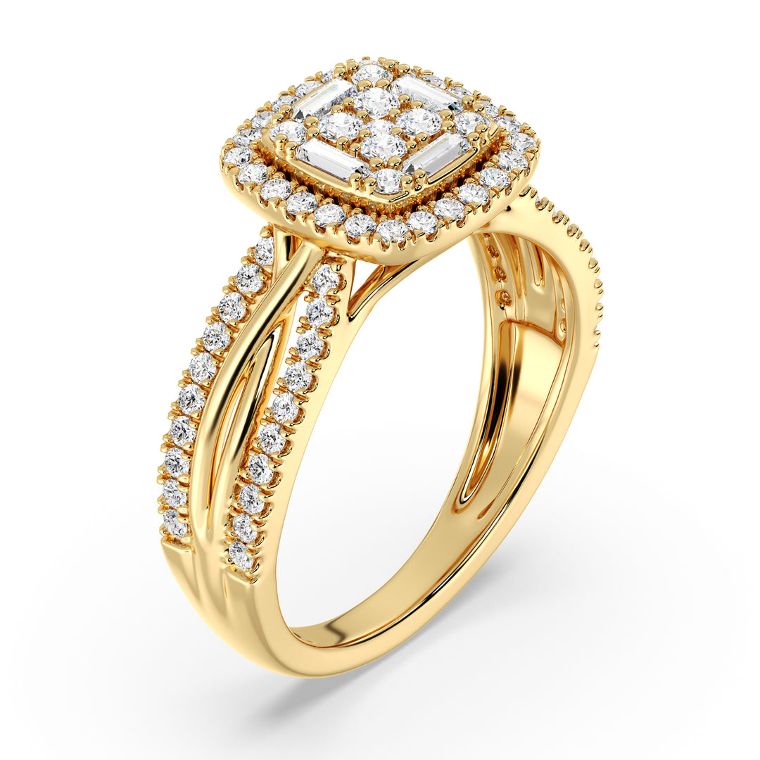 18 Karat Gold Halo-Verlobungsring im Vintage-Stil mit 0,73 Karat TW im Labor gezüchteten Diamanten und Kissenrahmen