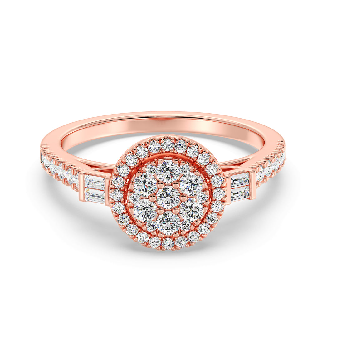 0.74 CTTW Lab yang Ditumbuhkan Lab Round Cluster HALO Engagement Ring dalam 18K Emas