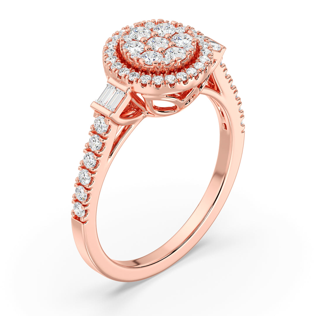 0.74 CTTW Lab yang Ditumbuhkan Lab Round Cluster HALO Engagement Ring dalam 18K Emas