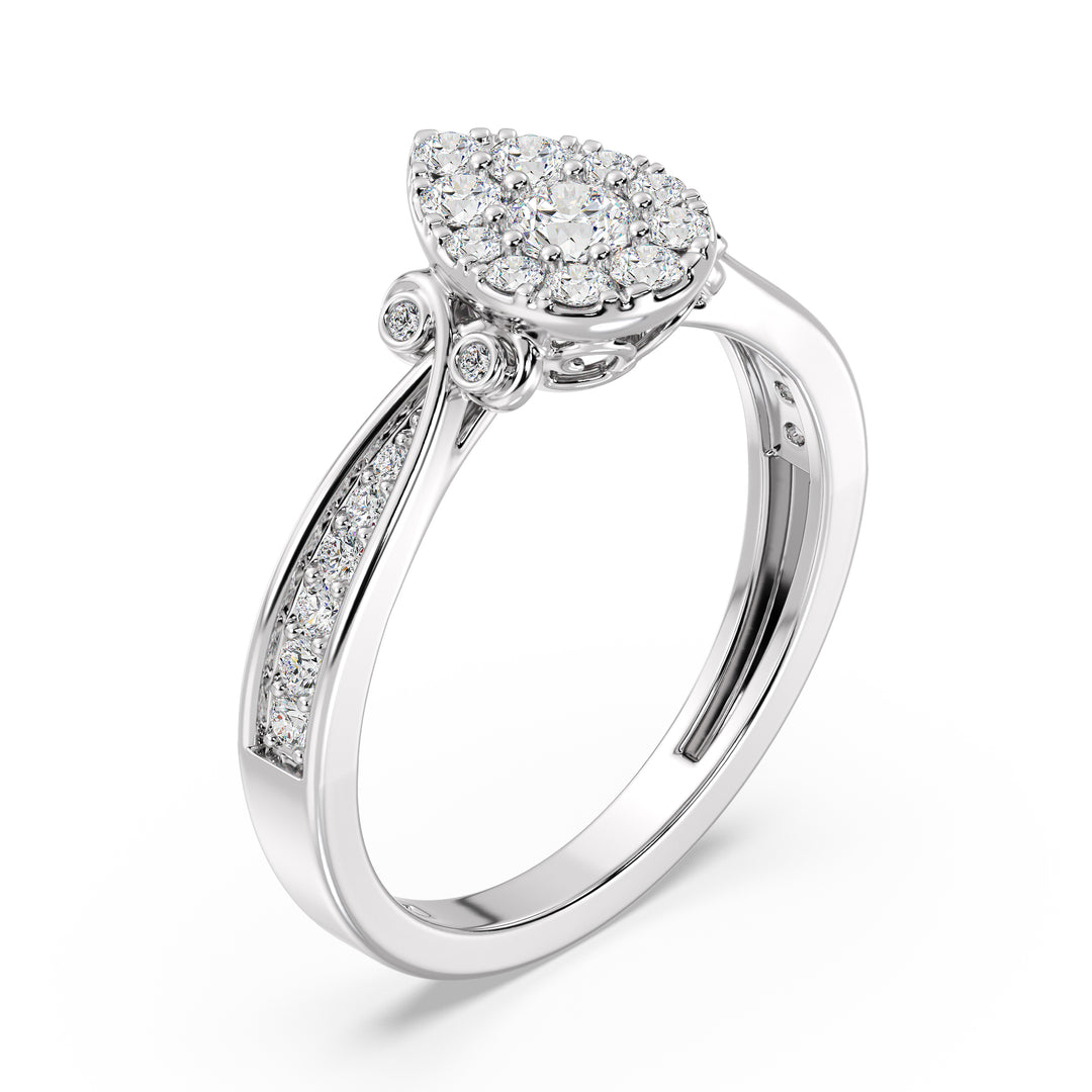 18K White Gold Pear Shape Cluster Halo Engagement Ring with 0.70CTTW Round EF-VS Lab-Grown Diamonds