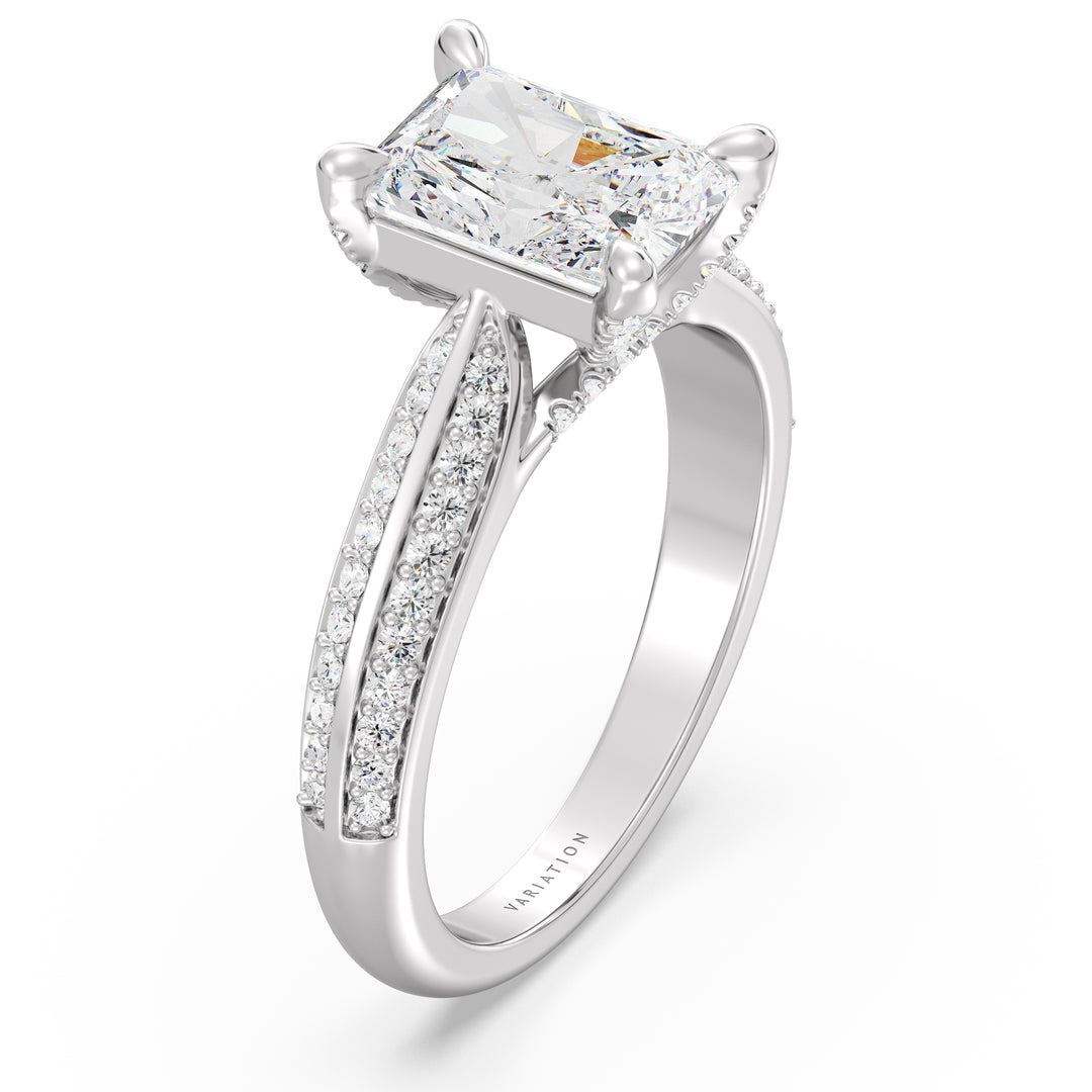 Radiant Cut Lab-Grown Diamond Engagement Ring with Pavé Band in 18K White Gold, highlighted by a 4-claw setting and 72 round side diamonds