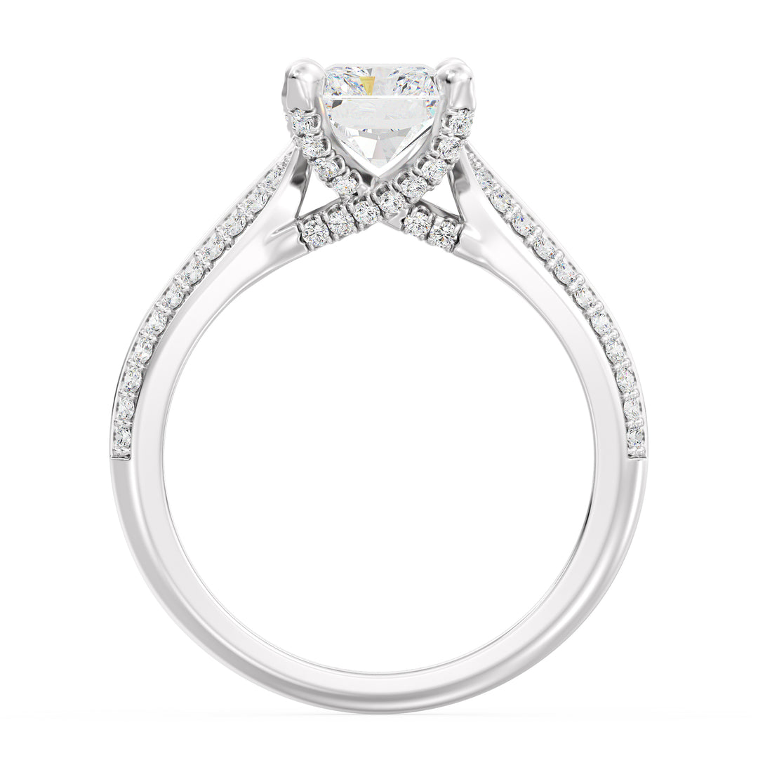 Radiant Cut Lab-Grown Diamond Engagement Ring with Pavé Band in 18K White Gold, highlighted by a 4-claw setting and 72 round side diamonds