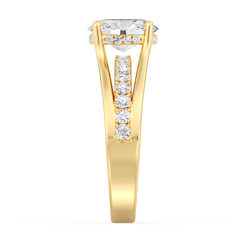 Wide Split Shank Pavé Engagement Ring in 18K Yellow Gold with 1.50ct Oval Lab-Grown Diamond and 30 Round Lab Diamonds totaling 0.41ct.