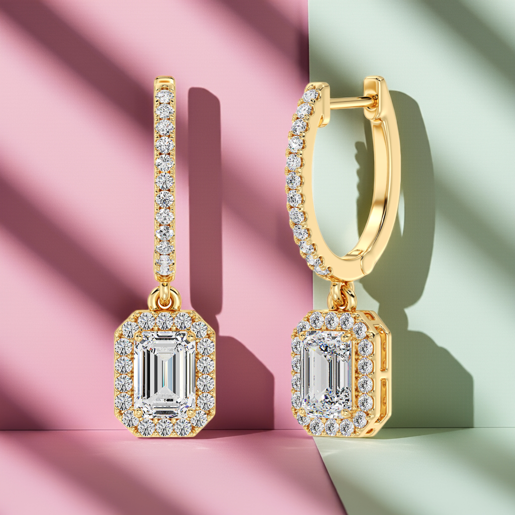 Emerald Cut Halo Hoop Earrings