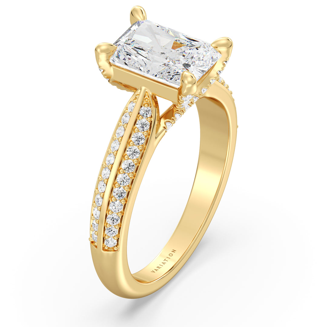 Radiant Cut Lab-Grown Diamond Engagement Ring with Pavé Band in 18K Yellow Gold, featuring a 4-claw setting and 72 round side stones