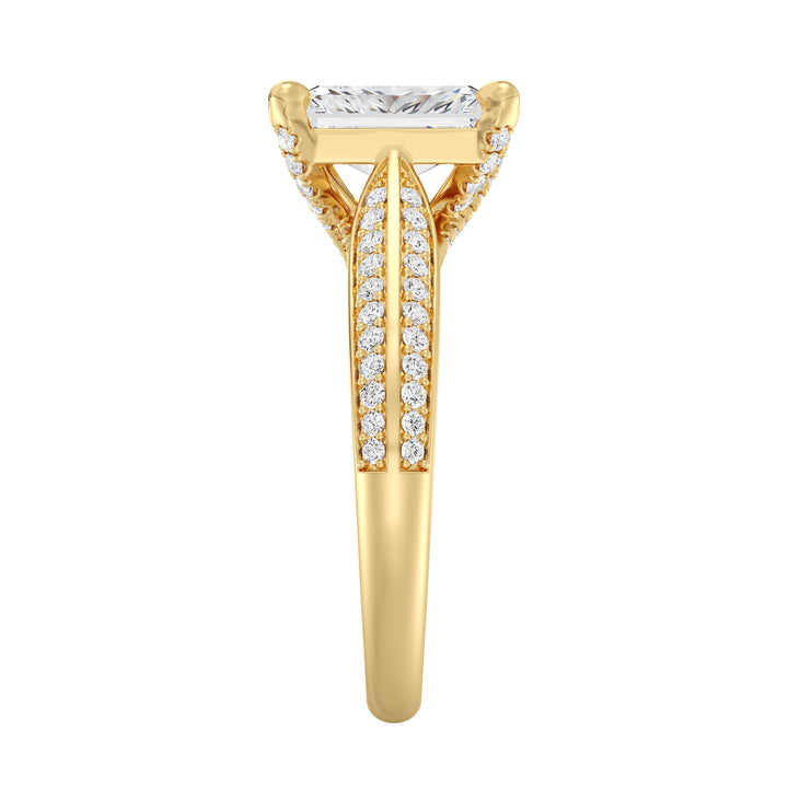 Radiant Cut Lab-Grown Diamond Engagement Ring with Pavé Band in 18K Yellow Gold, featuring a 4-claw setting and 72 round side stones