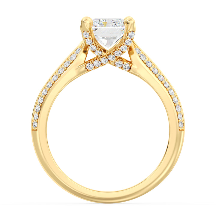 Radiant Cut Lab-Grown Diamond Engagement Ring with Pavé Band in 18K Yellow Gold, featuring a 4-claw setting and 72 round side stones