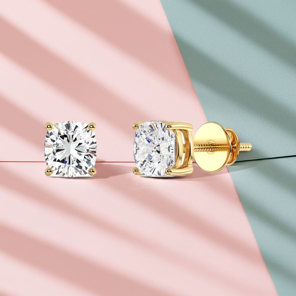 Yellow gold cushion cut lab grown diamond stud earrings with soft brilliance, 0.20–4.00 CTTW