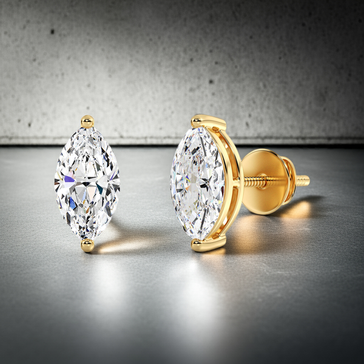 Yellow gold marquise cut lab grown diamond stud earrings with elongated brilliance, 0.20–4.00 CTTW