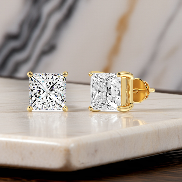 Yellow gold princess cut lab grown diamond stud earrings with modern sparkle, 0.20–4.00 CTTW
