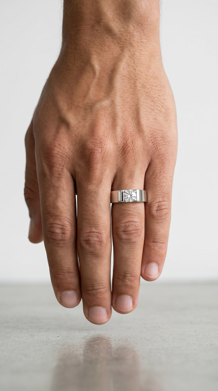 Architectural Platinum Signet Ring Showcasing a 0.47 Ct Round Brilliant Diamond