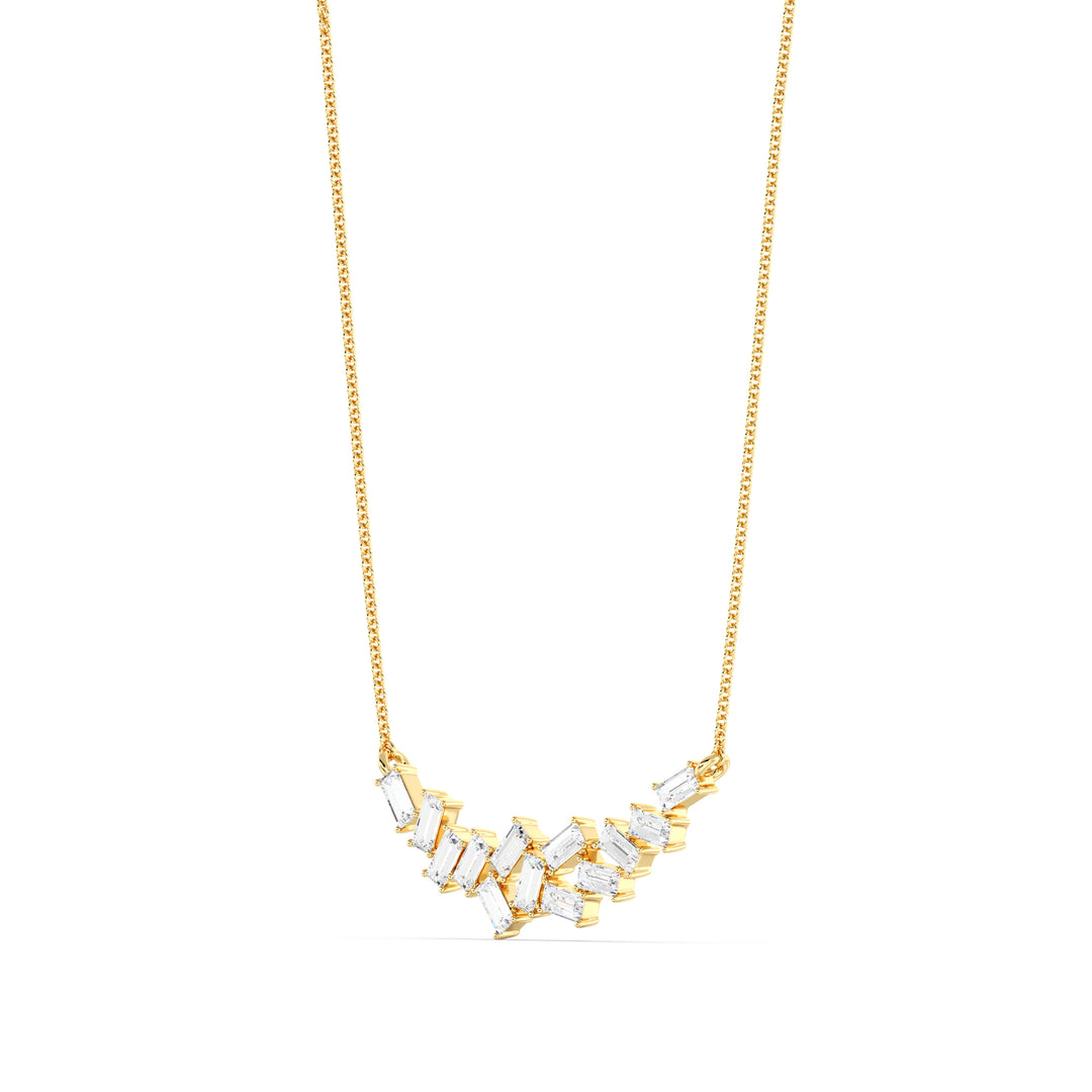 Baguette Cut Diamond Cluster Necklace in 18K Yellow Gold with 13 Lab Grown Diamonds