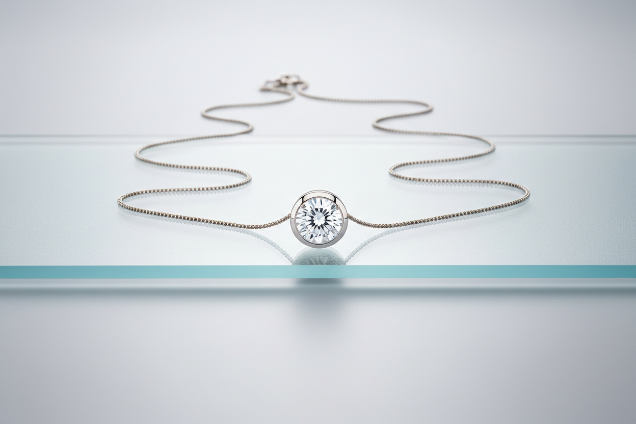 Create a luxury hero banner featuring a premium lab grown diamond pendant resting on a frosted glass slab with soft diffused reflections beneath it. Use cool boutique-grade studio lighting to enhance diamond clarity, chain texture, and polished metal shine. Keep the background neutral and minimal, creating a modern luxury jewelry aesthetic. Ensure the pendant remains fully visible and uncropped across desktop and mobile layouts.
