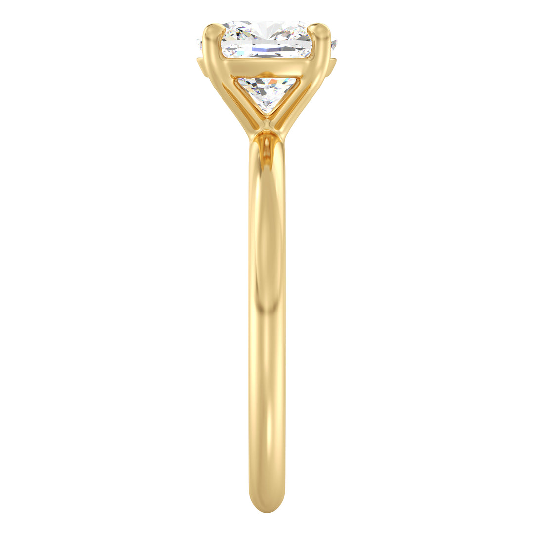 Cushion cut lab grown diamond ring in 18K yellow gold showcasing exceptional brilliance, fire, and soft rounded corners.