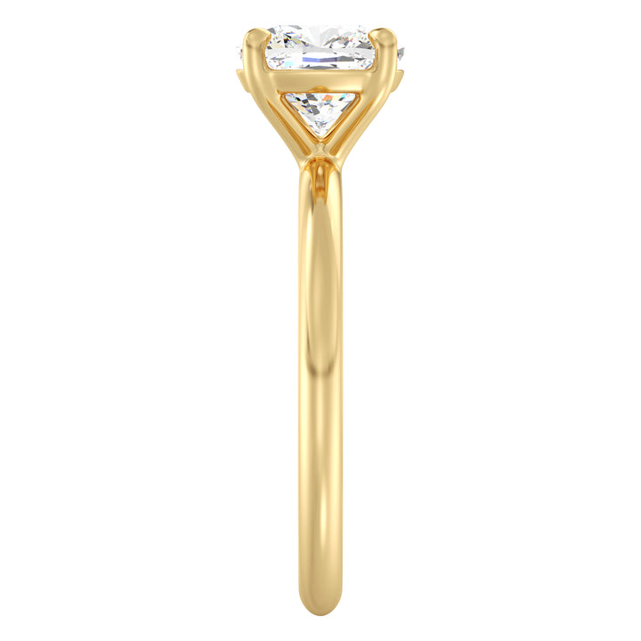 Cushion cut lab grown diamond ring in 18K yellow gold showcasing exceptional brilliance, fire, and soft rounded corners.