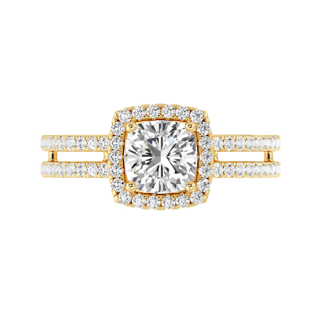 Cushion Cut Diamond Engagement Ring with Halo and Pavé Double Band in 18K Yellow Gold