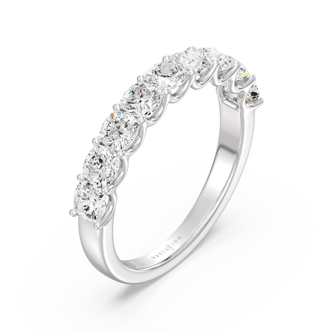 Cushion Cut Lab Grown Diamond 9 Stone Scalloped Half Eternity Band in 18K White Gold