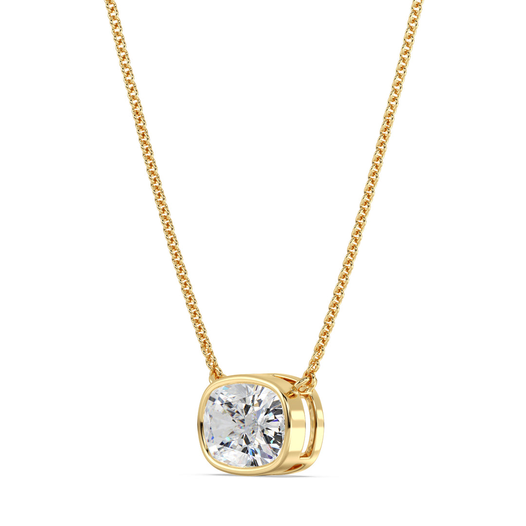 2 Carat Cushion Cut Lab Grown Diamond Bezel Pendant Necklace in 18K Yellow Gold