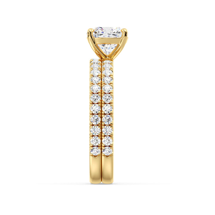 Cushion Cut Lab Grown Diamond Bridal Ring Set with Pavé Accents in Yellow Gold