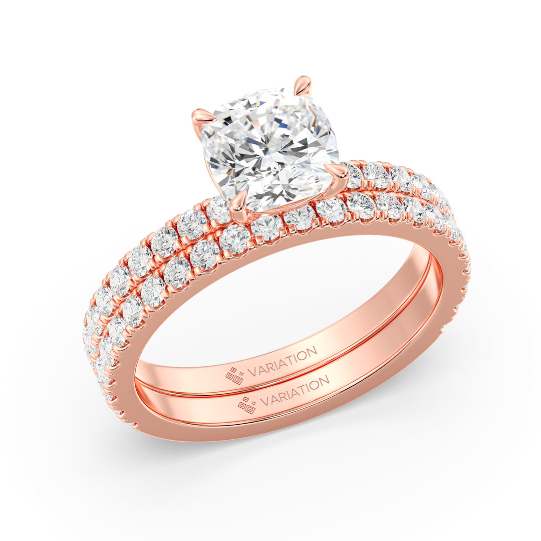 Cushion Cut Lab Grown Diamond Bridal Set with Matching Wedding Band in 18K Rose Gold