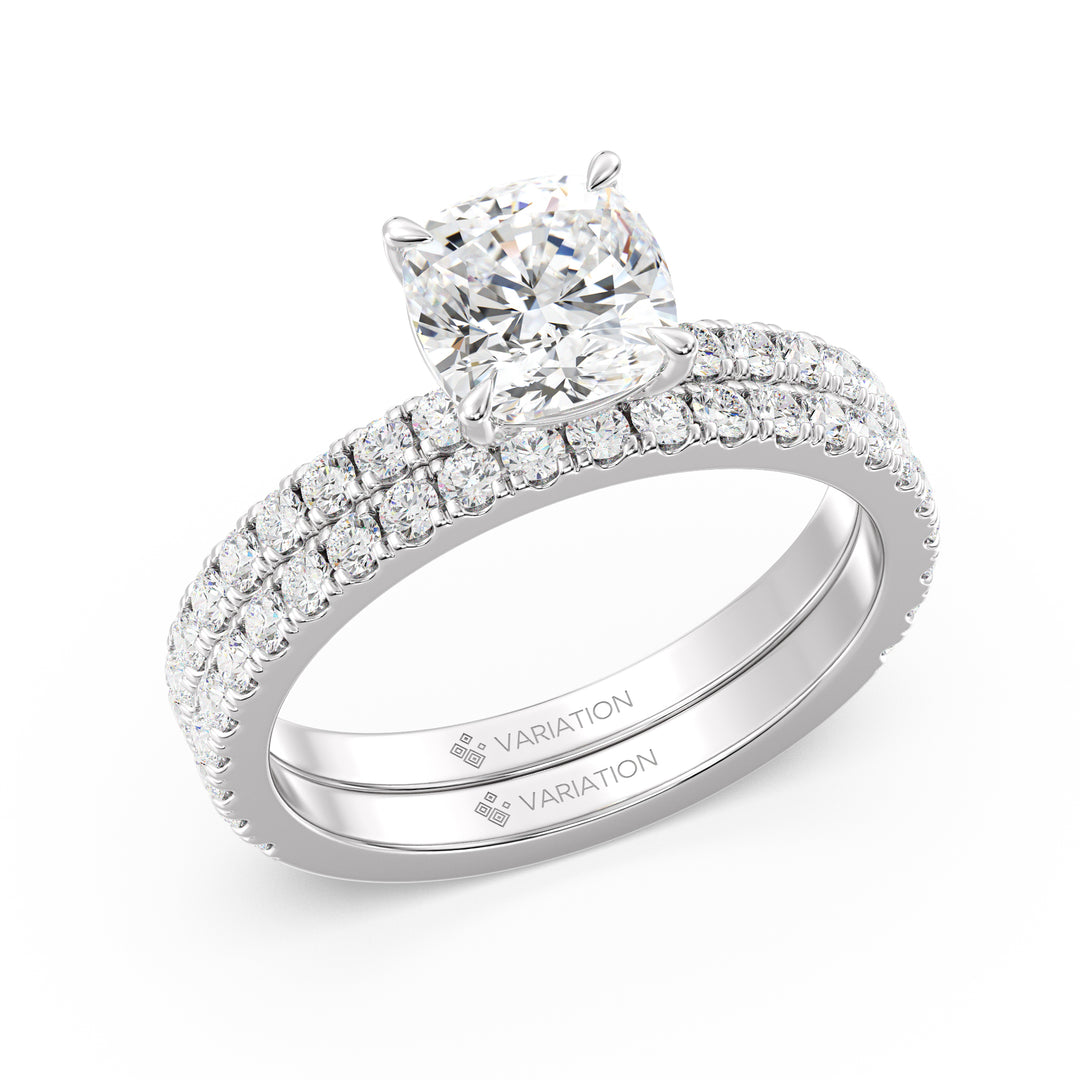 Cushion Cut Lab Grown Diamond Bridal Set with Matching Wedding Band in 18K White Gold