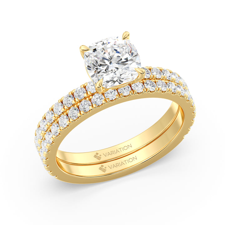 Cushion Cut Lab Grown Diamond Bridal Set with Matching Wedding Band in 18K Yellow Gold