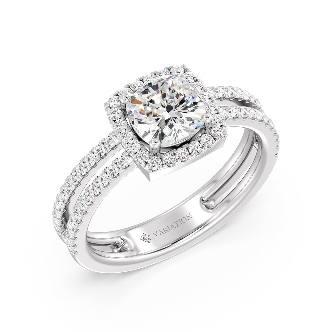 Cushion Cut Lab Grown Diamond Halo Engagement Ring with Double Band in 18K White Gold