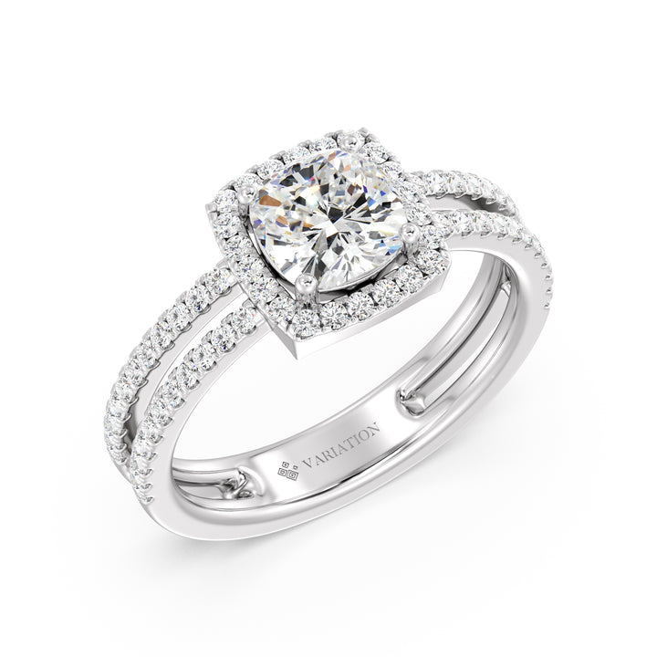 Cushion Cut Lab Grown Diamond Halo Engagement Ring with Double Band in 18K White Gold