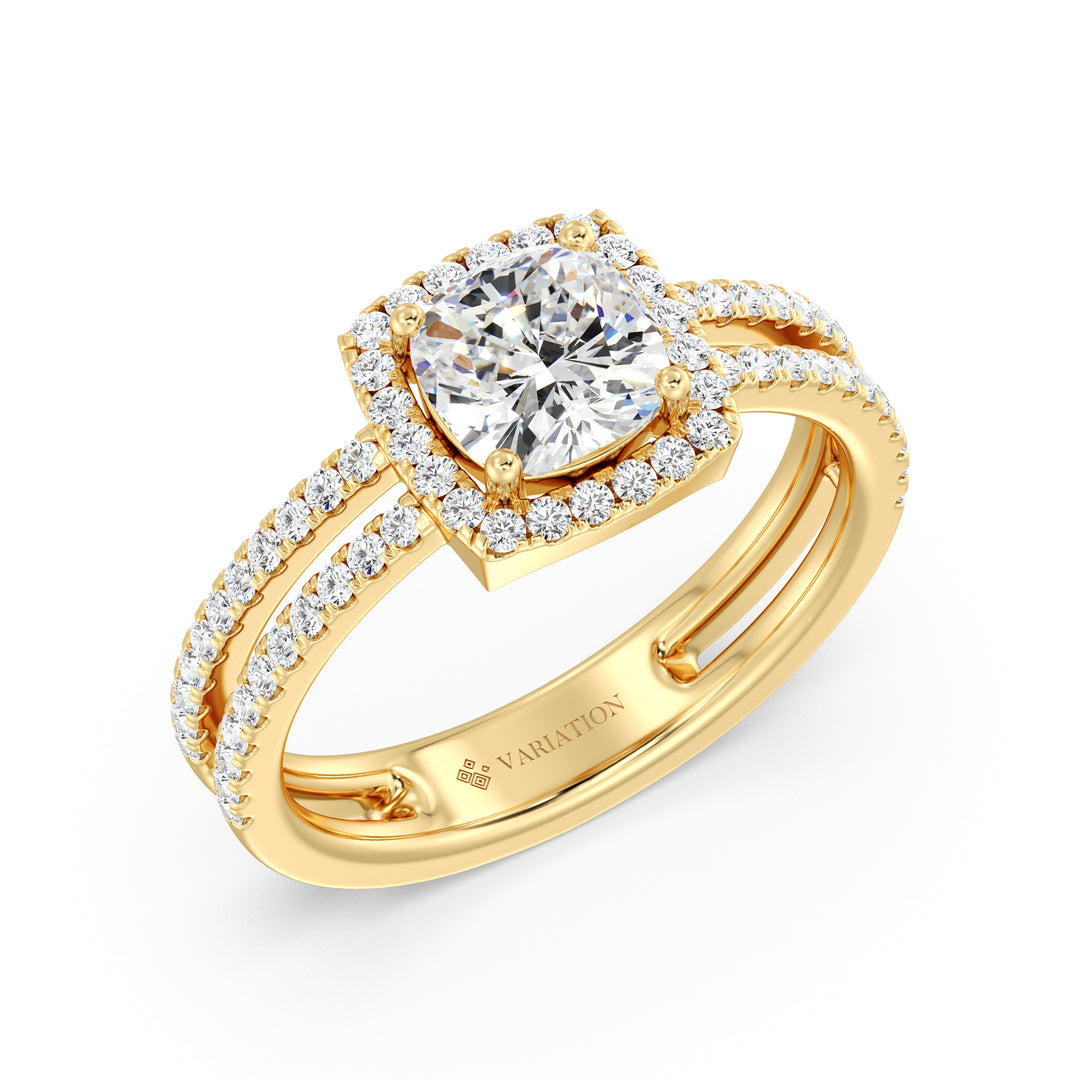 Cushion Cut Lab Grown Diamond Halo Engagement Ring with Double Band in 18K Yellow Gold