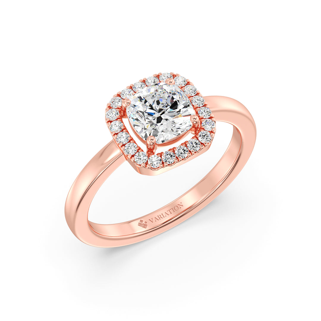 Cushion Cut Lab Grown Diamond Halo Engagement Ring in 18K Rose Gold