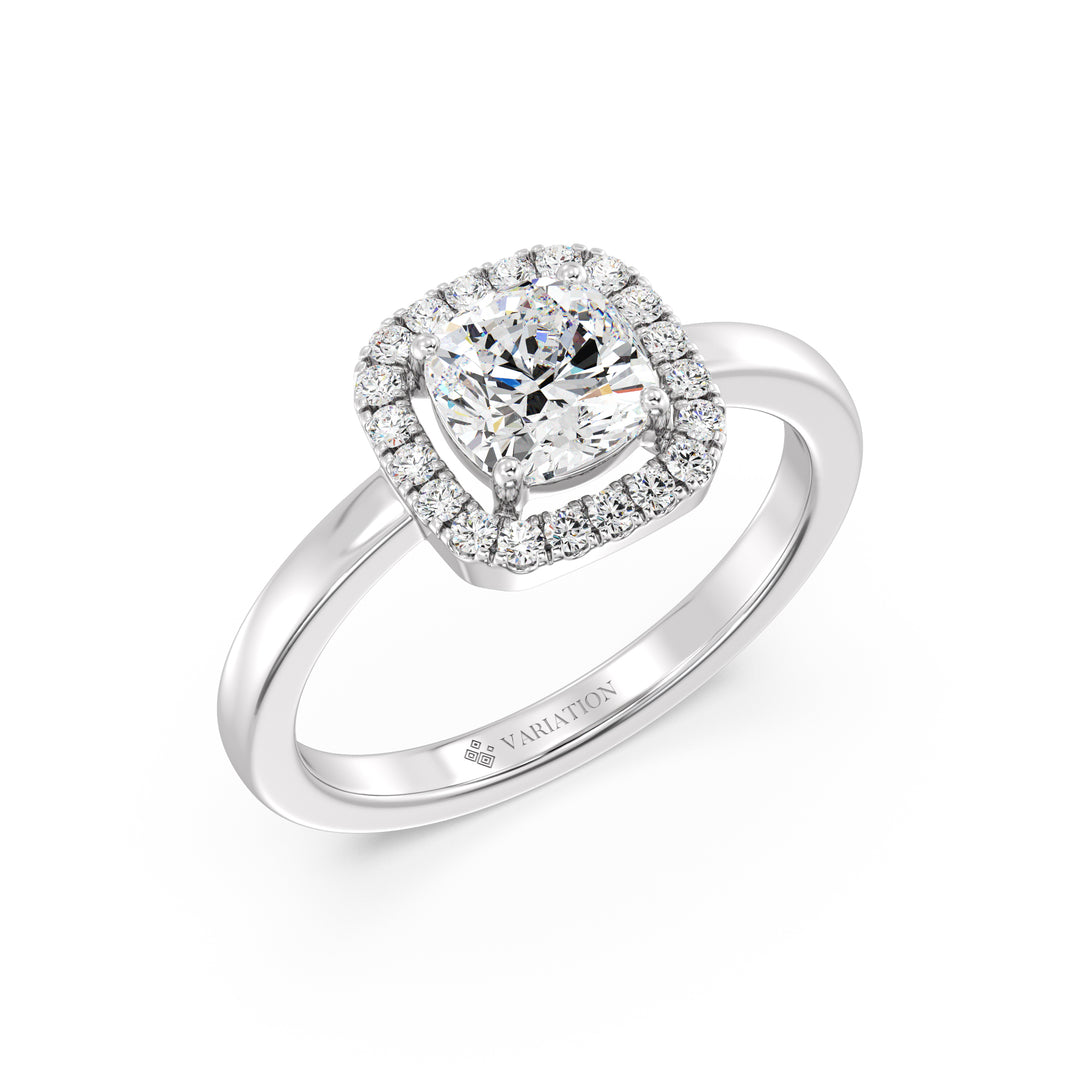 Cushion Cut Lab Grown Diamond Halo Engagement Ring in 18K White Gold