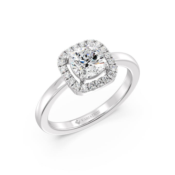 Cushion Cut Lab Grown Diamond Halo Engagement Ring in 18K White Gold