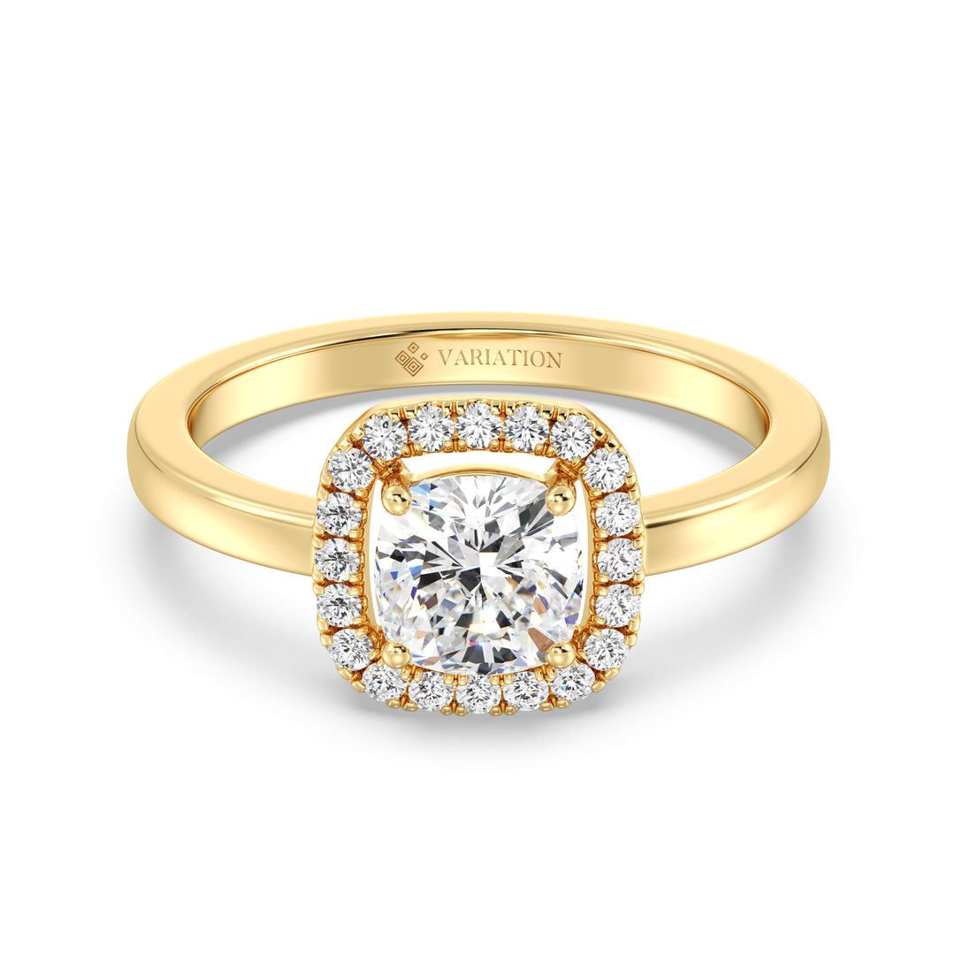 Cushion Cut Lab Grown Diamond Halo Engagement Ring in 18K Yellow Gold