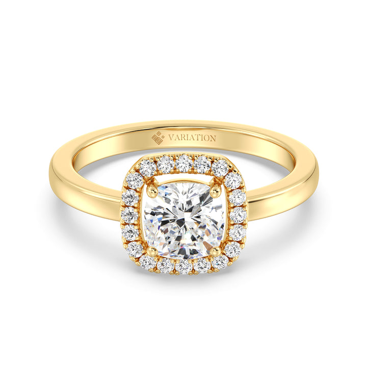 Cushion Cut Lab Grown Diamond Halo Engagement Ring in 18K Yellow Gold
