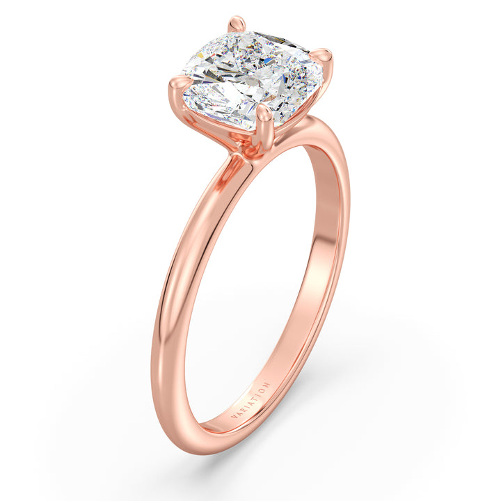Cushion cut lab grown diamond solitaire ring in 18K rose gold featuring an IGI certified diamond with romantic brilliance and vintage-inspired charm.