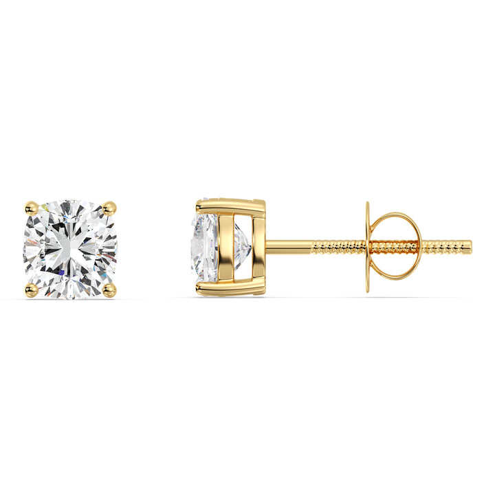Cushion Cut Lab Grown Diamond Solitaire Stud Earrings in 18K Yellow Gold