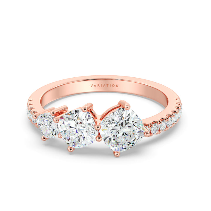 Cushion Cut Lab Grown Diamond Three Stone Halo Wedding Band in 18K Rose Gold