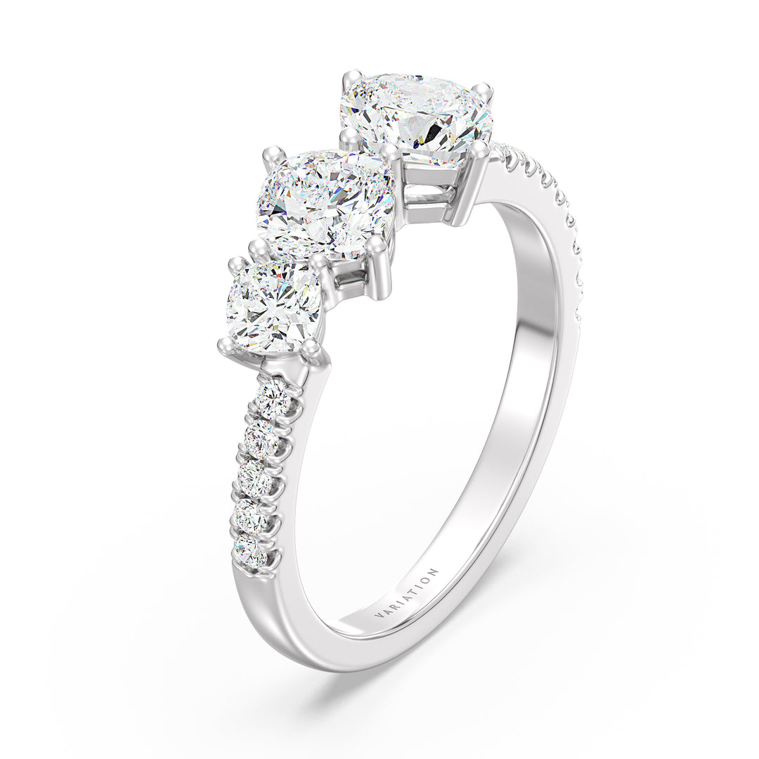 Cushion Cut Lab Grown Diamond Three Stone Halo Wedding Band in 18K White Gold
