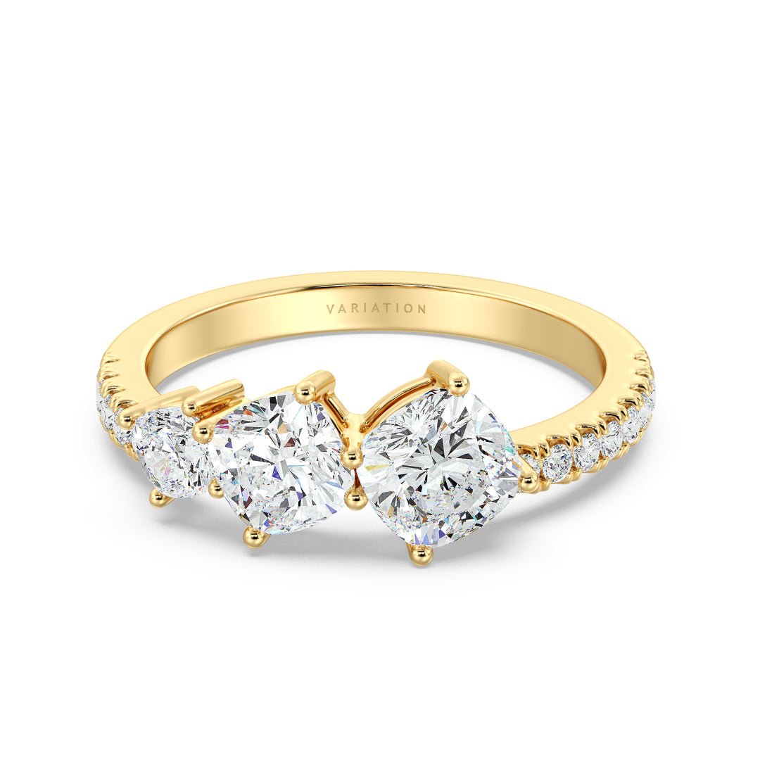 Cushion Cut Lab Grown Diamond Three Stone Halo Wedding Band in 18K Yellow Gold