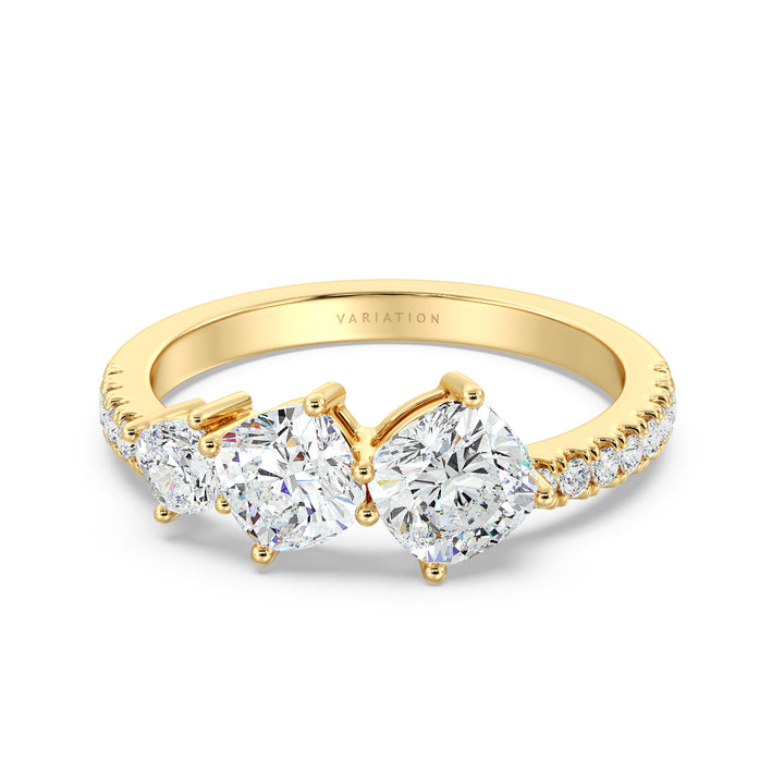 Cushion Cut Lab Grown Diamond Three Stone Halo Wedding Band in 18K Yellow Gold