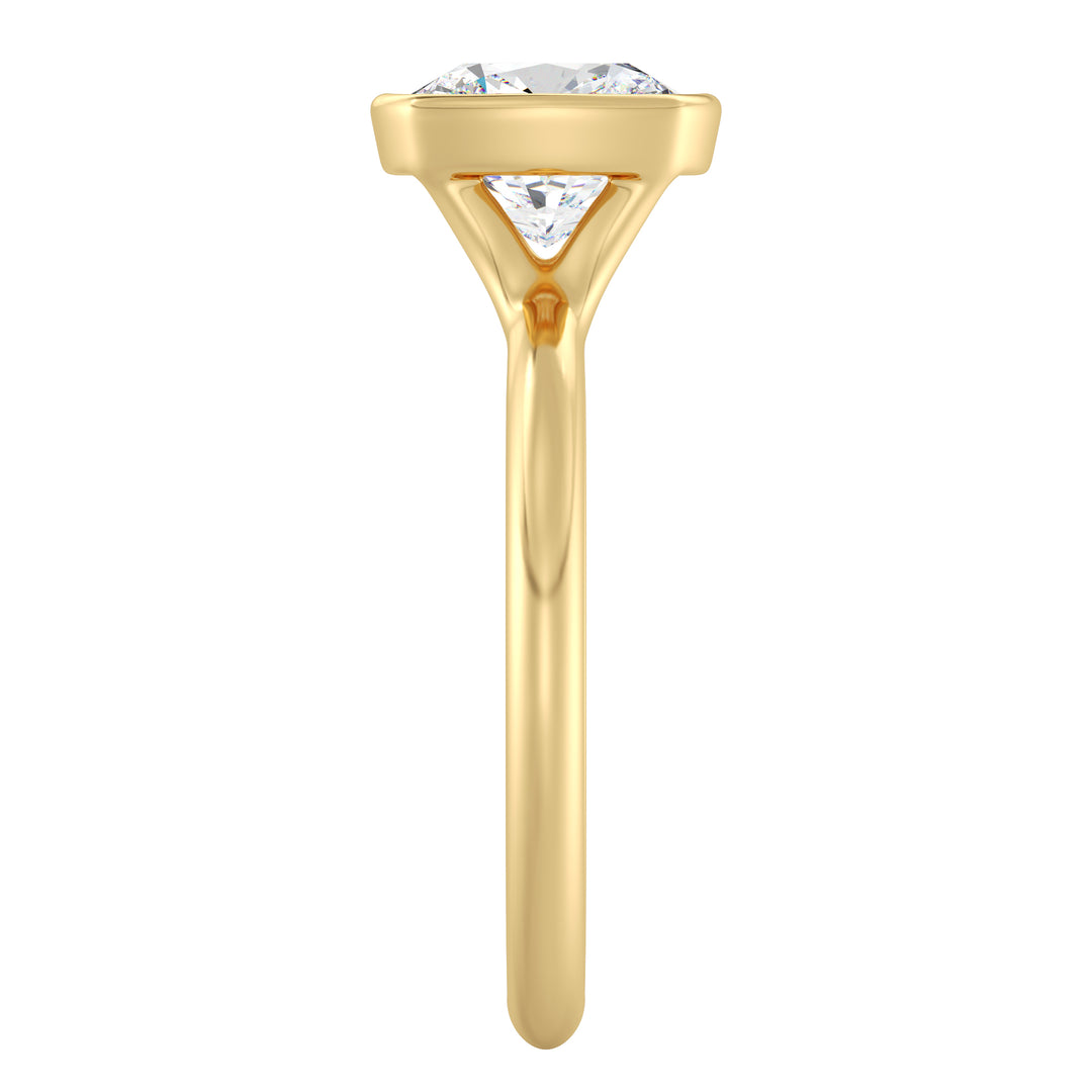 IGI certified cushion cut lab grown diamond bezel solitaire ring in BIS hallmarked 18K yellow gold.