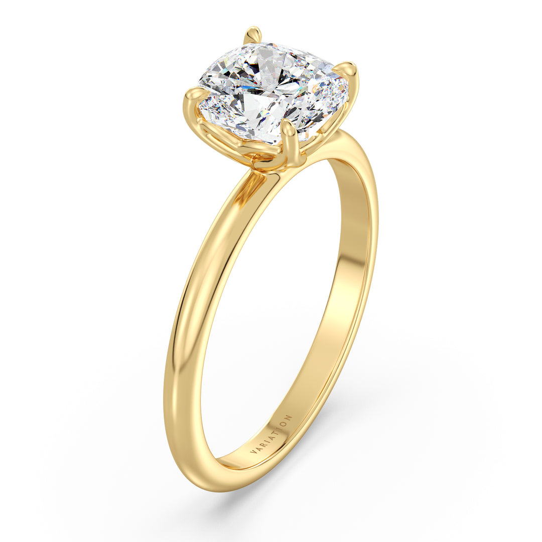 IGI certified cushion cut lab grown diamond solitaire ring in BIS hallmarked 18K yellow gold.