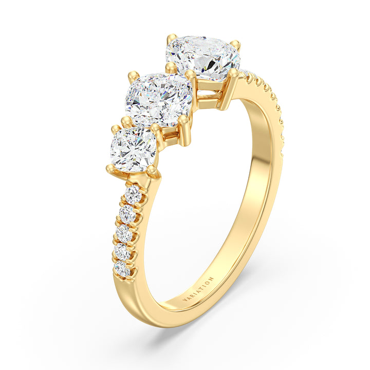 Cushion Diamond Three Stone Halo Ring with Accent Diamonds in Yellow Gold
