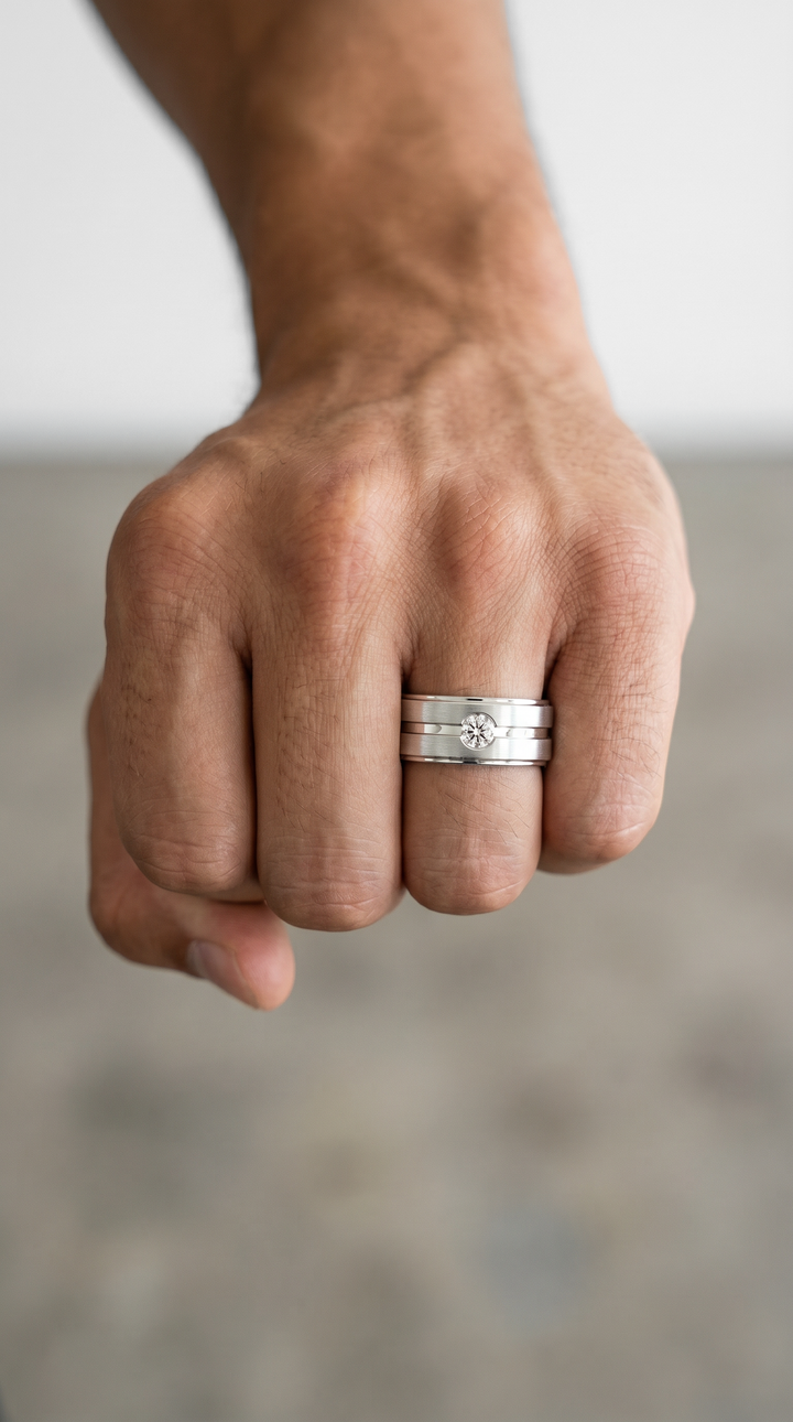 Double Groove Platinum Signet Ring with Flush Set Round Lab Grown Diamond