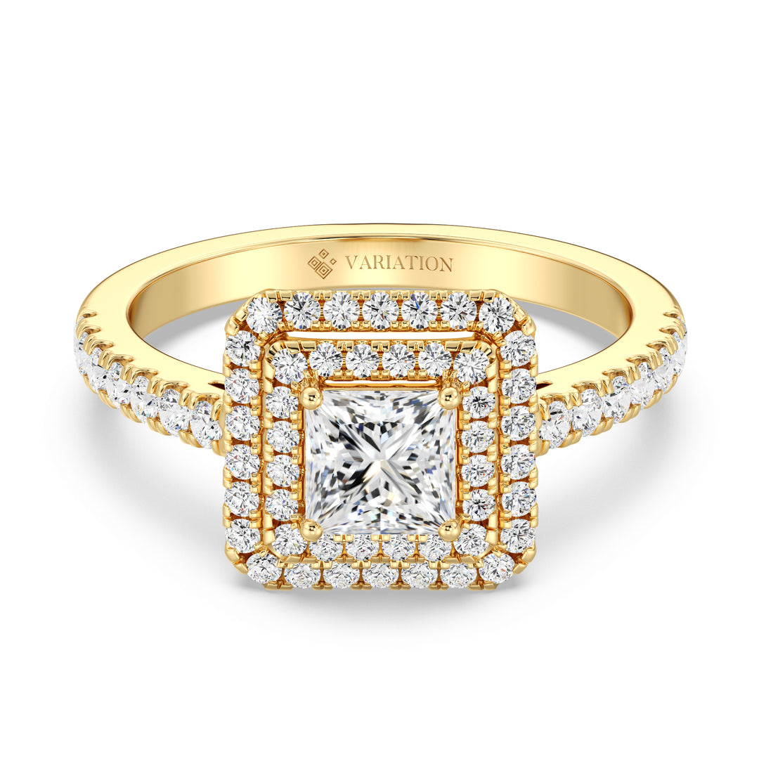 Double Halo Princess Cut Diamond Ring in 18K Yellow Gold
