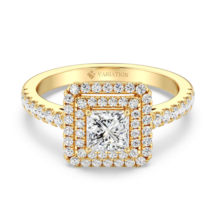 Double Halo Princess Cut Diamond Ring in 18K Yellow Gold