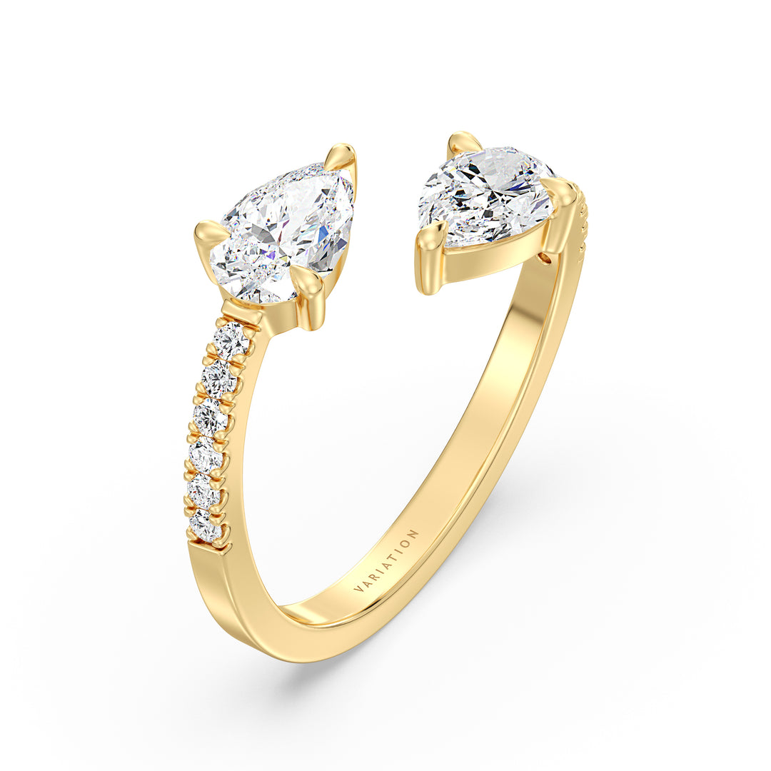 Dual Pear Diamond Open Cuff Ring with Pavé Accents in Yellow Gold