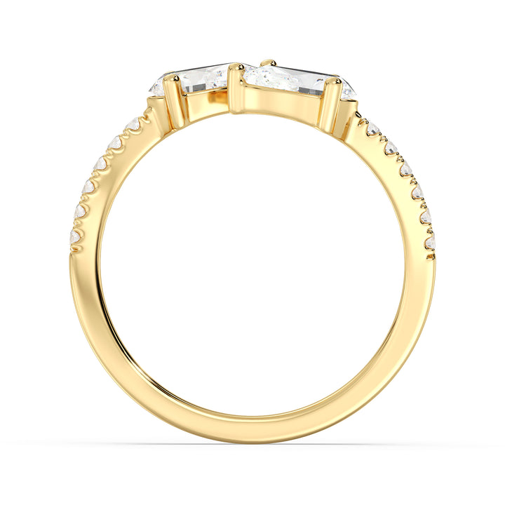 SGL certified pear cut lab grown diamond dual stone open cuff ring in BIS hallmarked 18K yellow gold.